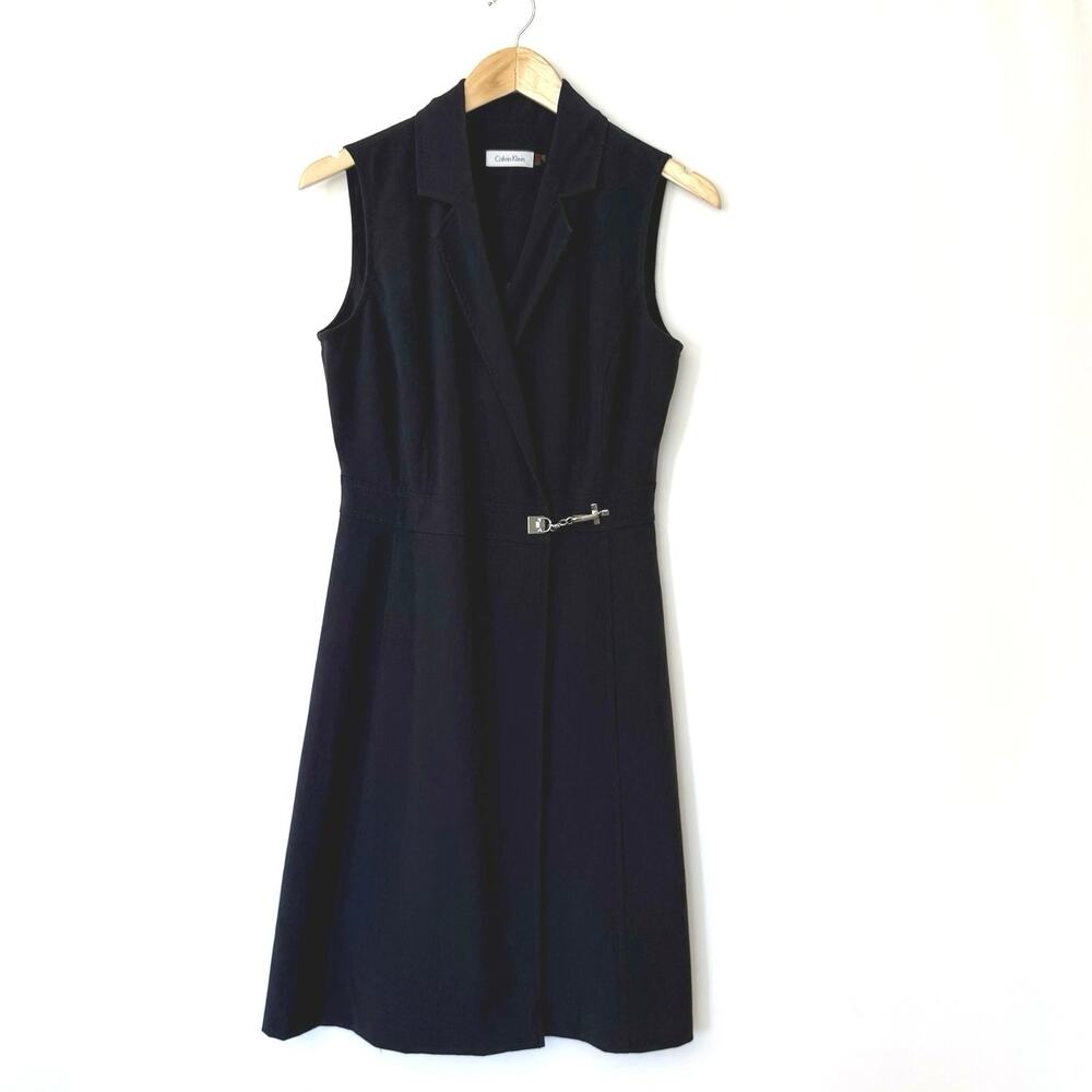Calvin Klein Dress Size 6 Navy Blue Double Breasted Wrap Collar